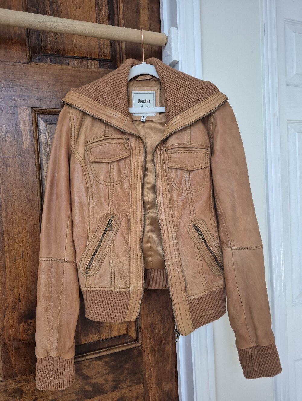 Bershka Tan Leather Jacket with Ribbed Collar